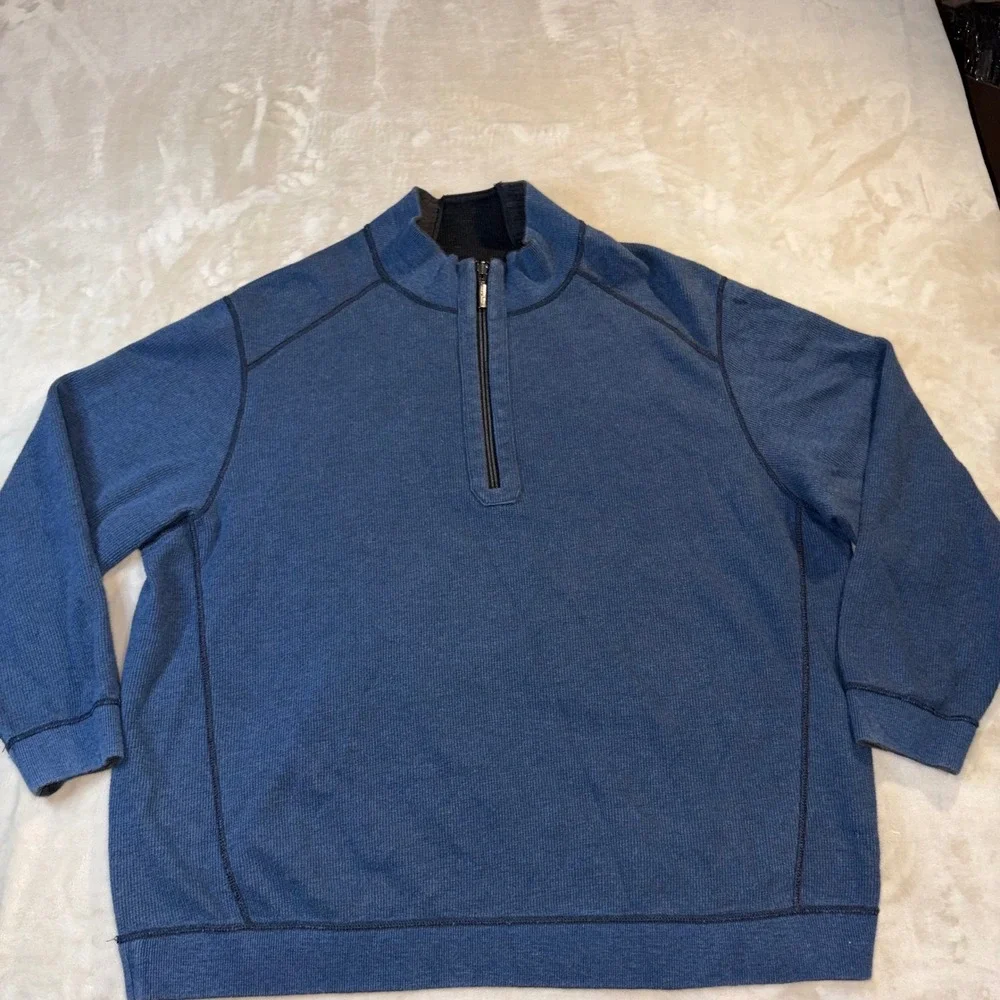 Tommy Bahama Mens Reversible Quarter Zip Pullover Blue Charcoal Gray Ribbed XL